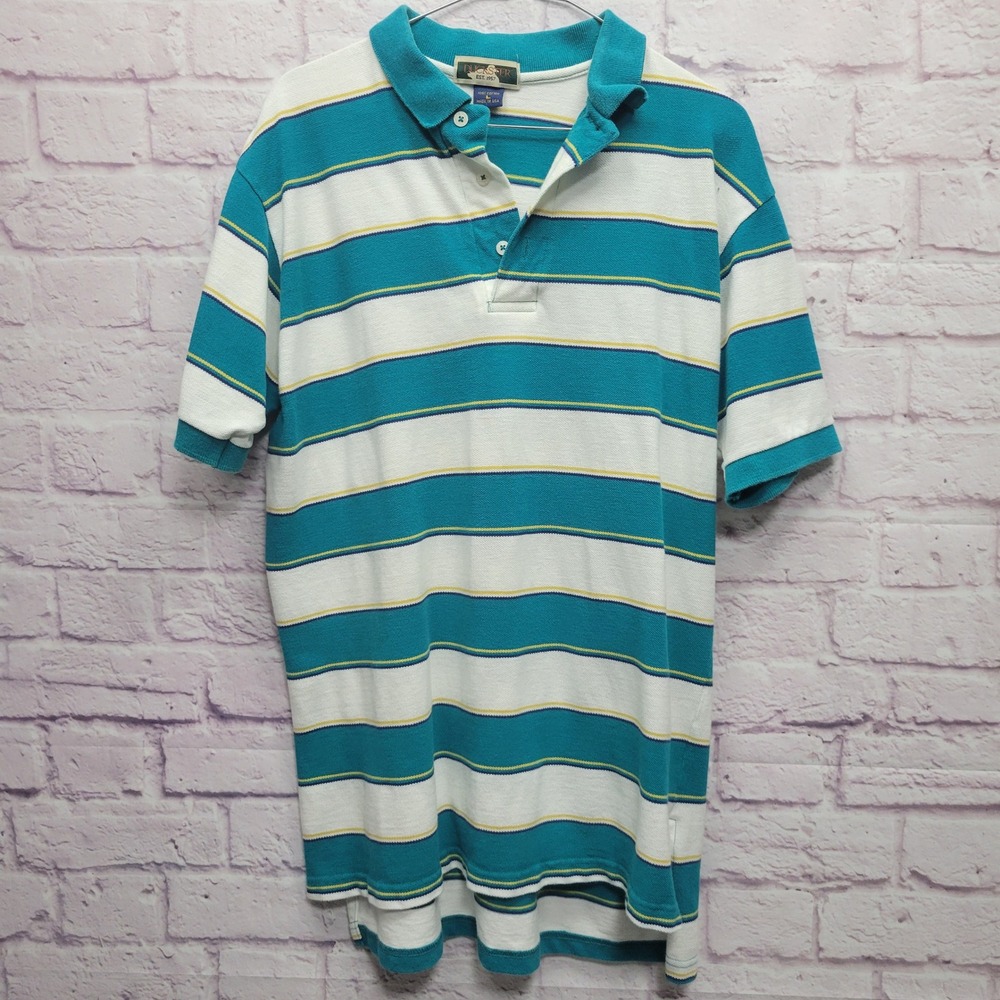 Vintage Duckster Striped Golf Polo Size L Turquoise Skater Preppy USA‎ Made